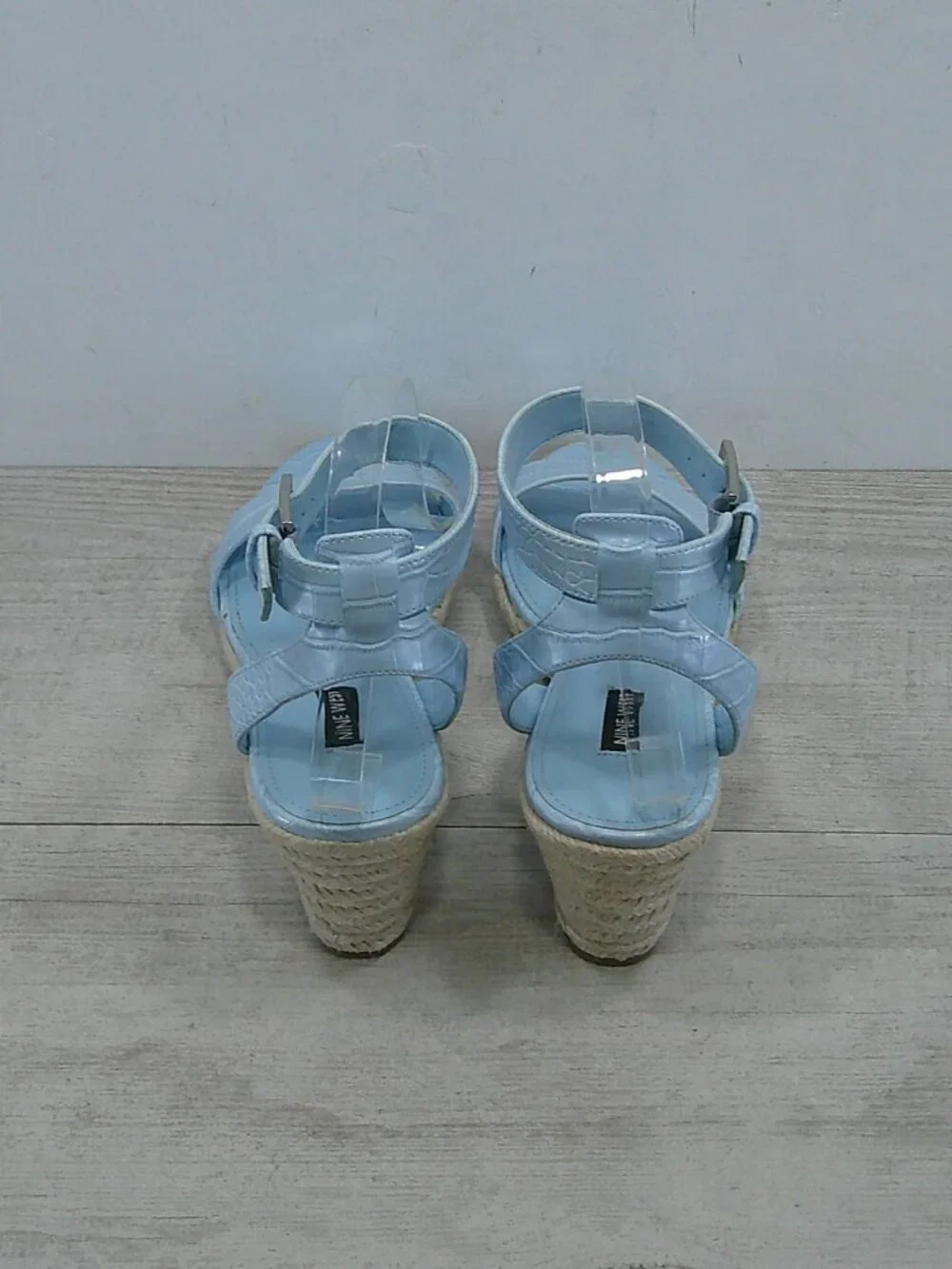 Nine West Baby Blue Croc Embossed Patent Joie Espadrille Wedge Heel Size 11 M